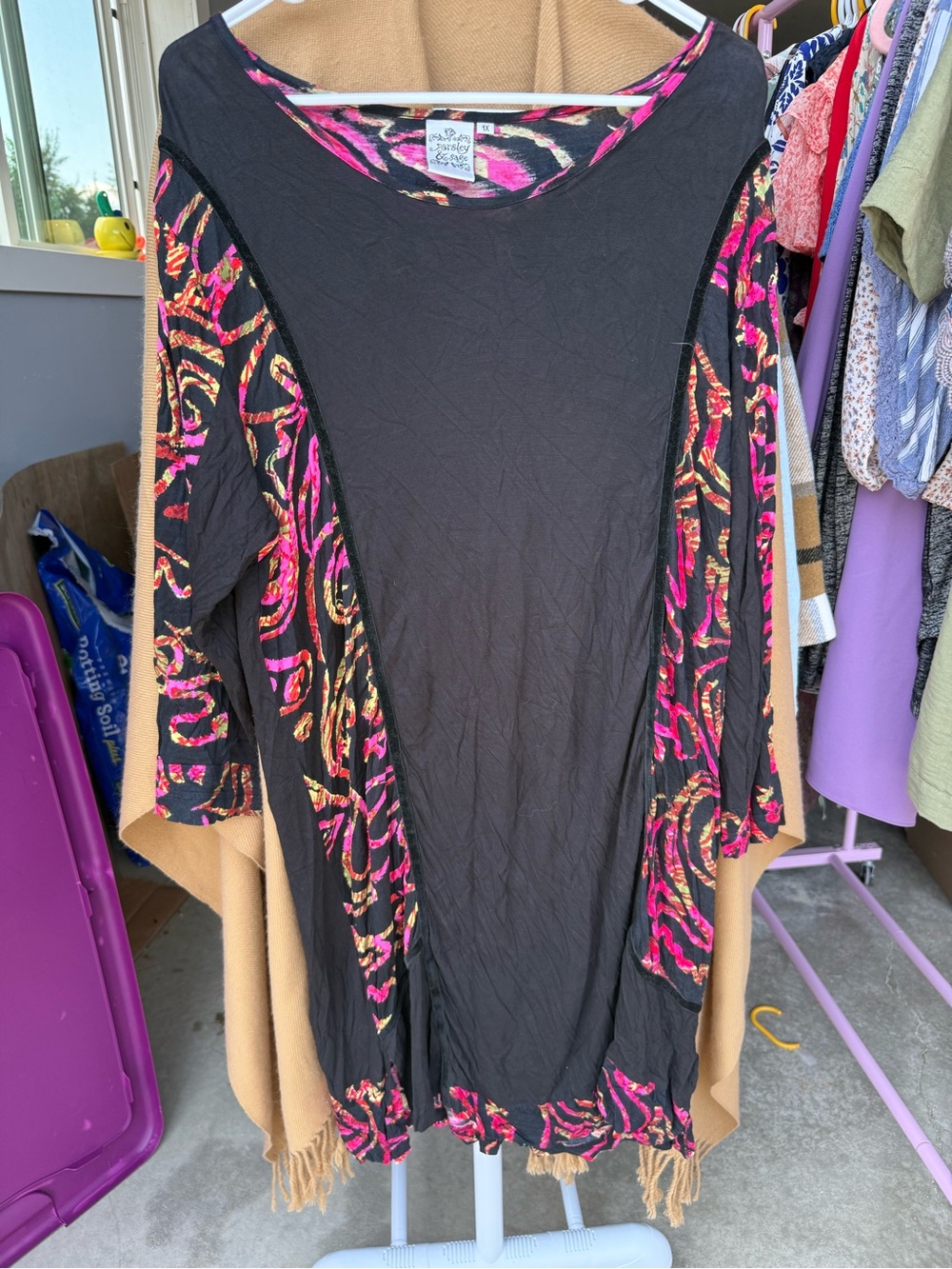 Parsley & Sage Black Tunic with Pink and Orange Swirl Panels